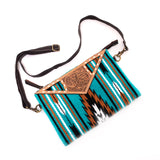 Tooled Leather Turquoise Saddle Blanket Crossbody Handbag