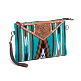 Tooled Leather Turquoise Saddle Blanket Crossbody Handbag