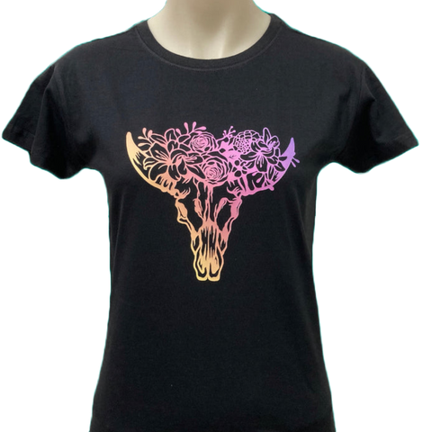 Rainbow Longhorn Teen Girls Black AWW SS Graphic Shirt ON SALE