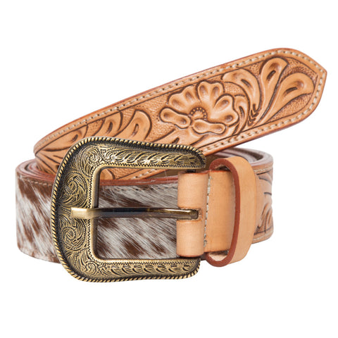 Tooled Tan and White Genuine Leather HOH Western Belt