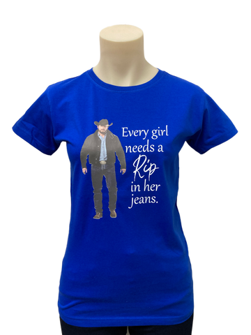 Every Girl Needs A Rip In Her Jeans Royal Blue AWW SS Graphic Shirt ON SALE