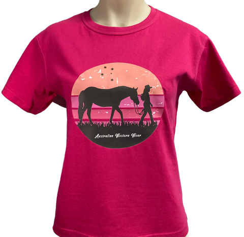 Sunset Cowgirl Teen Girls Hot Pink AWW SS Graphic Shirt ON SALE