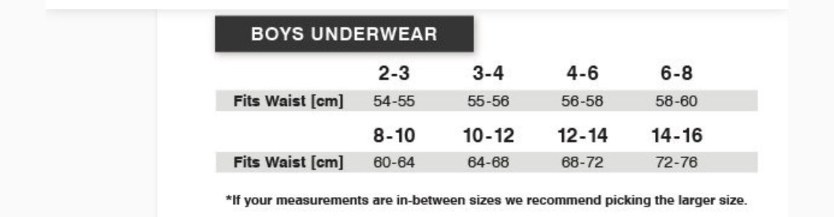 Boys' Underwear Size Guide
