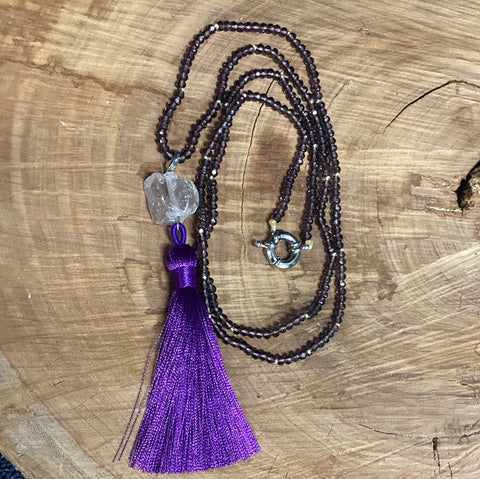 Purple Glass Bead Stone Pendant & Tassel Long Necklace
