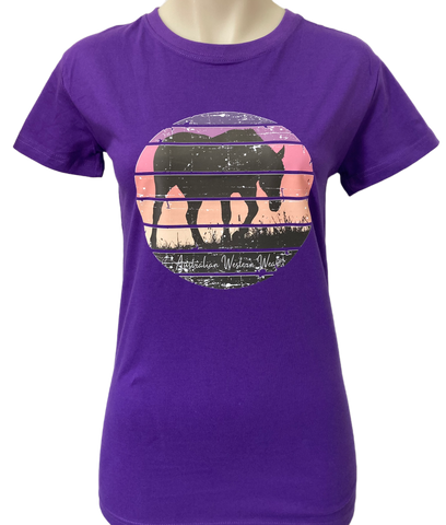 Sunset Horse Ladies Purple AWW SS Graphic Shirt ON SALE
