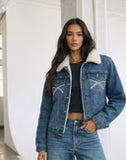 Womens Embroided Denim Sherpa Jacket