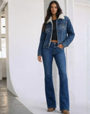 Womens Embroided Denim Sherpa Jacket