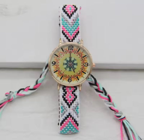 Woven Slide Bracelet Watch -  Pink & Turquoise