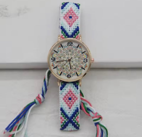Woven Slide Bracelet Watch -  Pink & Navy