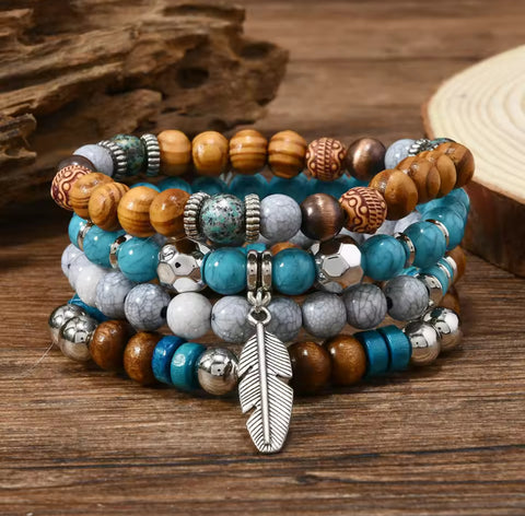 4 Set Feather Charm Stretch Bracelet