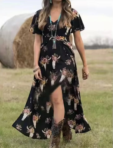 Floral Longhorn Western Split Dress