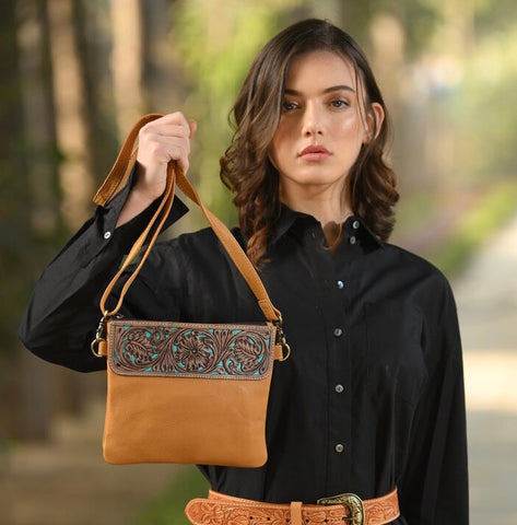 Tooled Flower Genuine Cowhide Crossbody Handbag