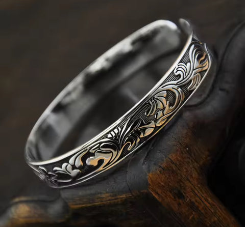 Silver Traditional Flower Bangle Bracelet