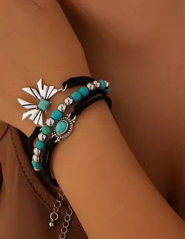 3 Set Black Leather Matching Stone Stretch Bow Bracelet