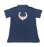 Teen Girls Floral Horseshoe Short Sleeve Navy Polo Shirt ON SALE