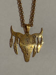 Feather Cow Skull Gold Necklace