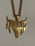 Feather Cow Skull Gold Necklace