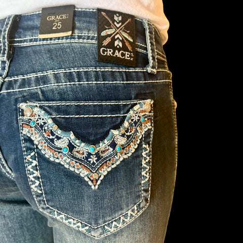 Theodora Turquoise Stud Grace In LA Easyfit Mid Rise Bootcut Jeans