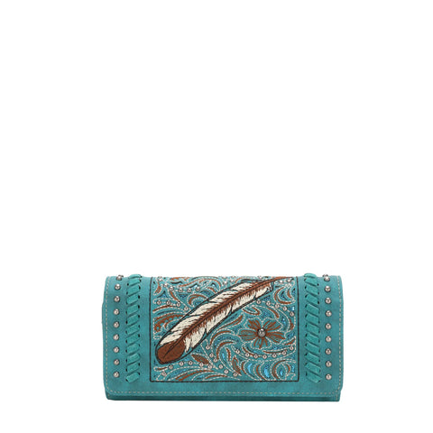 Turquoise Montana West Embroidered Feather Inlaid Glitter Wallet