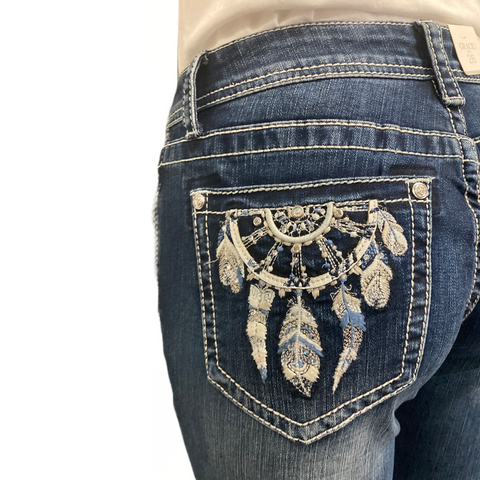 Blue Embroidered Dreamcatcher Grace In LA Mid-Rise Bootcut Jeans