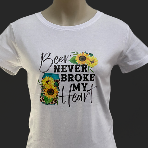 Beer Never Broke My Heart Ladies White AWW SS Graphic Shirt ON SALE