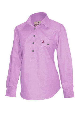 Lavender Long Sleeve 100% Cotton Nungar Ladies Half Button Workshirt ON SALE