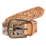 Tooled Tan and White Genuine Leather HOH Western Belt