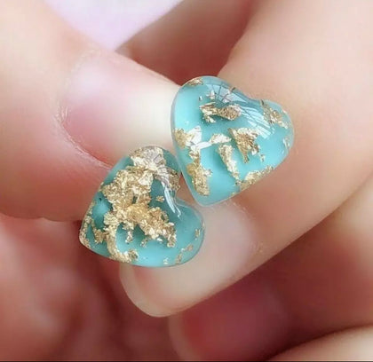 Gold Flake Turquoise Resin Love Heart Stud Earrings