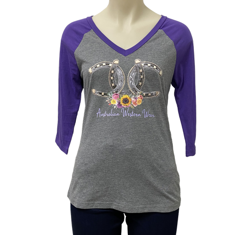 Lucky Horseshoe Ladies Purple/Grey AWW 3/4 Sleeve Graphic Shirt ON SALE