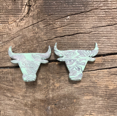 Marbled Glitter Turquoise 30mm Longhorn Stud Earrings