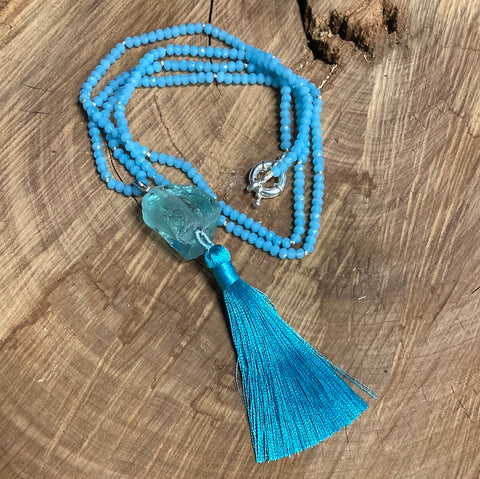 Turquoise Glass Bead Stone Pendant & Tassel Long Necklace