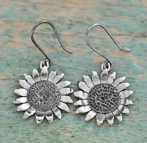 Silver Sunflower Metal Hook Earrings