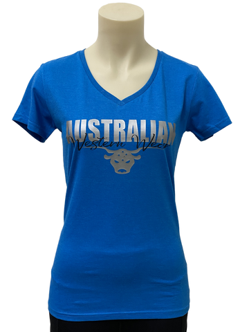 Ladies Blue Australian Western Wear With Silver/Black Logo Short Sleeve Shirt