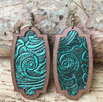 Wooden Tooled Leather Hook Earrings