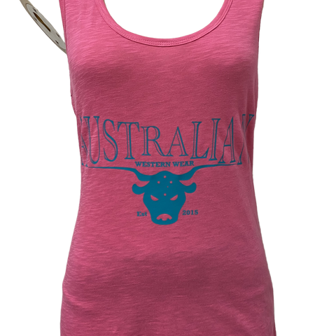 Australian Western Wear Pink/Teal Logo Tank Top AU1-AU12 Left ON SALE