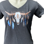Teen Girls Blue Feather Longhorn AWW V-Neck Short Sleeve Shirt