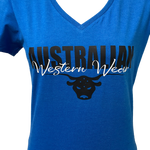 Ladies Blue Australian Western Wear With Black/White Logo V-Neck Shirt