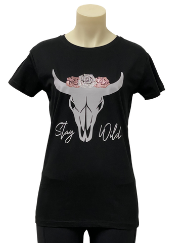 Stay Wild Glitter Floral Longhorn Black Girls Short Sleeve Shirt GIRLS 16 LEFT ON SALE