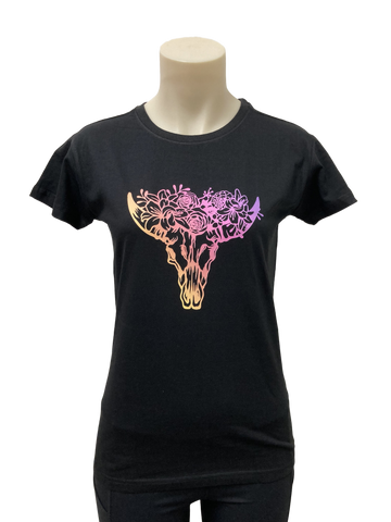 Rainbow Longhorn Ladies Black AWW SS Graphic Shirt