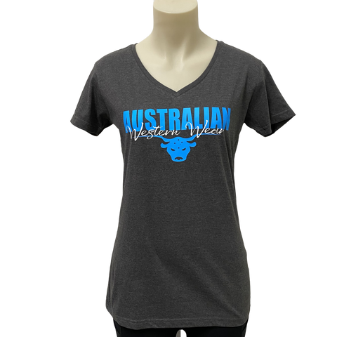 Ladies Charcoal Australian Western Wear With Blue/White Logo V-Neck Shirt ON SALE