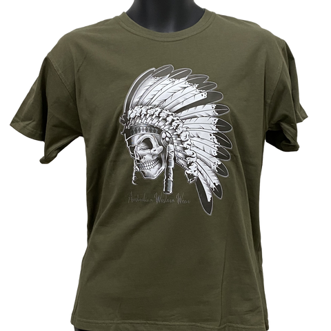 Olive Indian Skull Australian Western Wear Youth Shirt BOYS AU8, AU14-AU16 Left