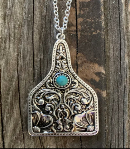 Silver Filigreed Turquoise Stone Cattle Tag Necklace