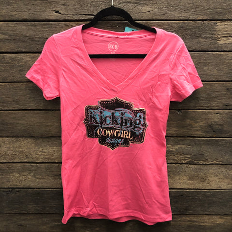 KCD Hot Pink Buckle Logo Short Sleeve V Neck Shirt ON SALE AU8-10, 12 & 14 left