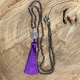 Purple Glass Bead Stone Pendant & Tassel Long Necklace