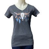 Teen Girls Blue Feather Longhorn AWW V-Neck Short Sleeve Shirt