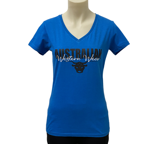 Ladies Blue Australian Western Wear With Black/White Logo V-Neck Shirt ON SALE